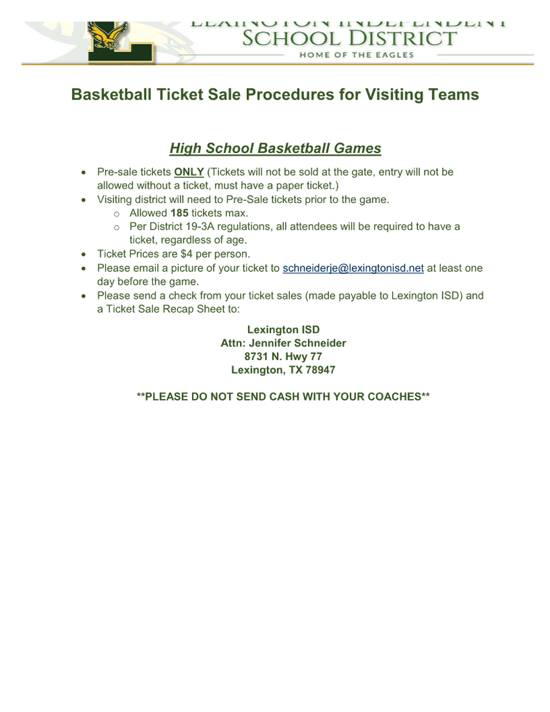 Lexington ISD Ticket Sale Procedures for Visiting Teams