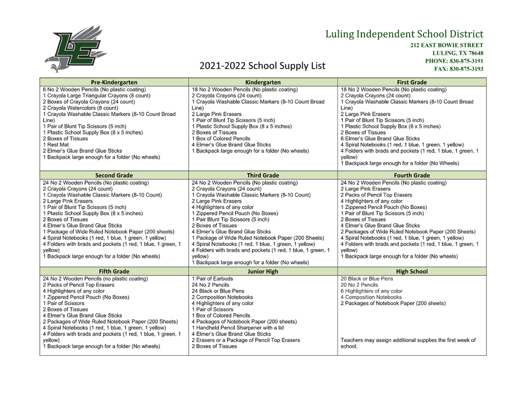 School Supply List